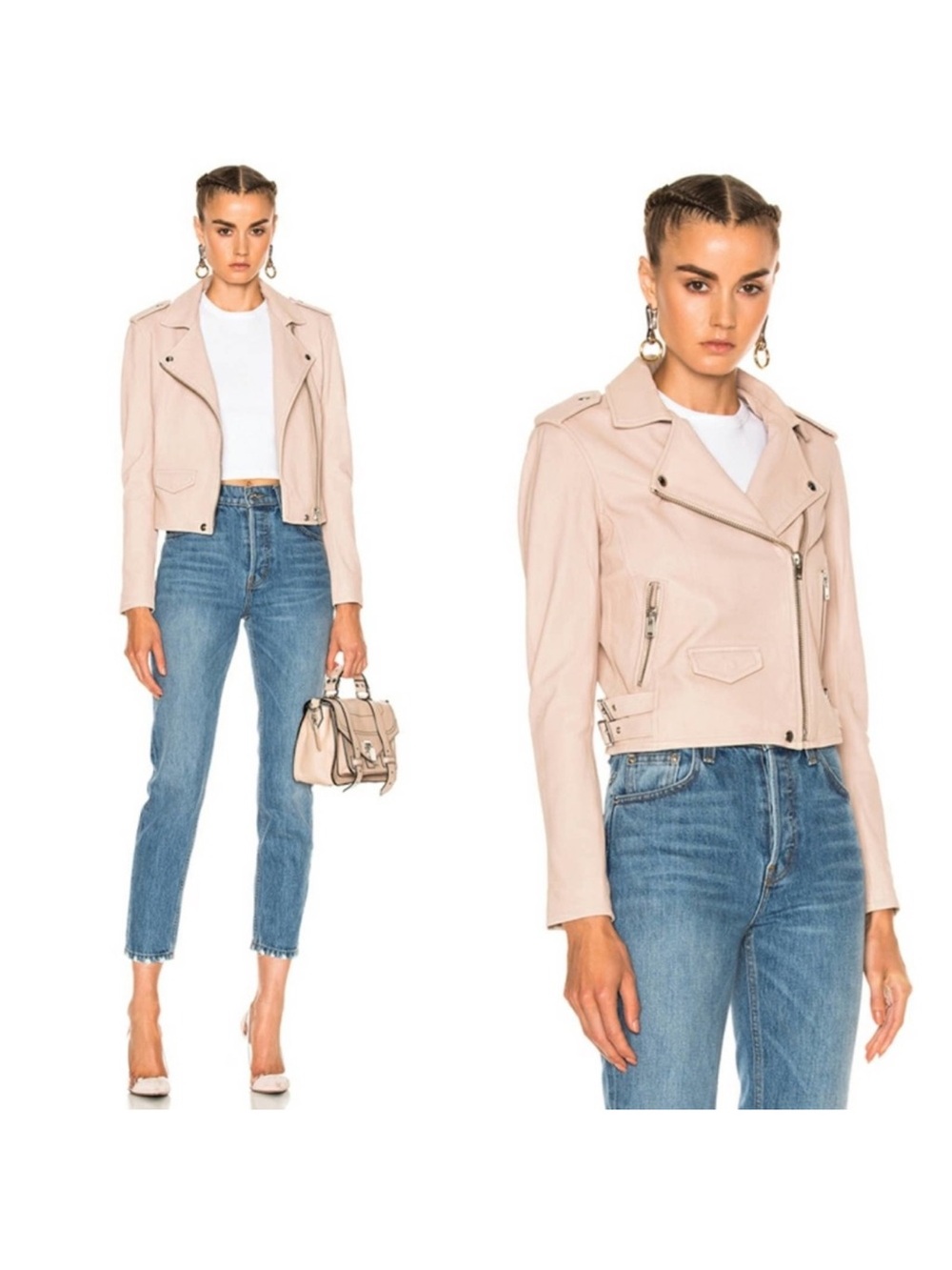IRO Blush Pink Cropped Leather Moto Jacket